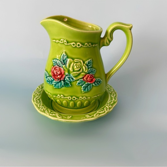Vintage Other - Vintage Norleans Japan lime green pitcher and dish set floral kitsch home decor